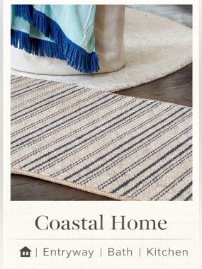 Woven Stripe Accent Rug 48x27 Coastal Neutral Farmhouse Blue NWOT